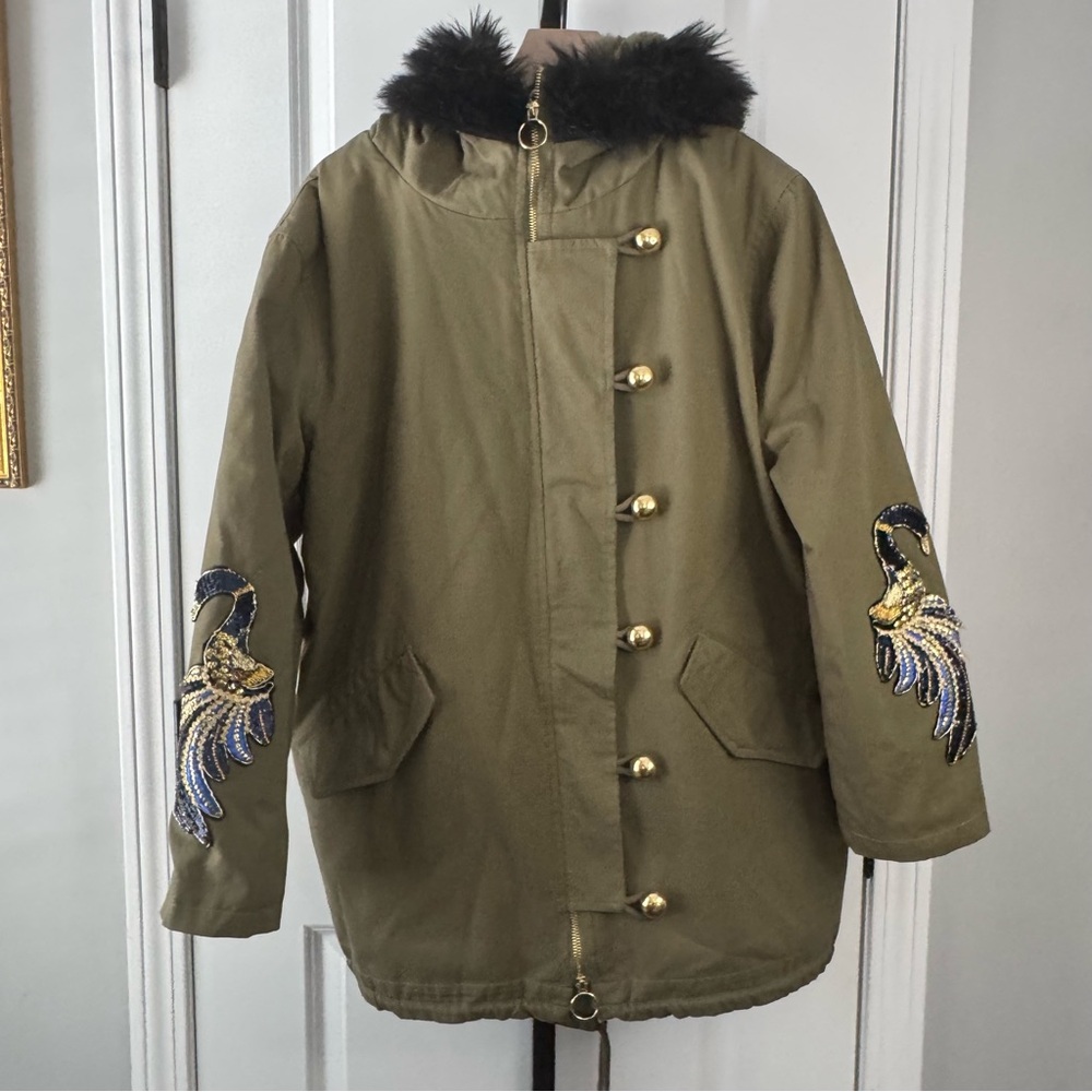 Ciao Milano 1969 Olive Parka Jacket Embroidered Sleeves Faux Fur Hood NWOT L